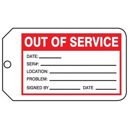 Accuform Safety Tags, OUT OF SERVICE, 5.75in x 3.25in, PF-Cardstock, 25PK MMT330CTP